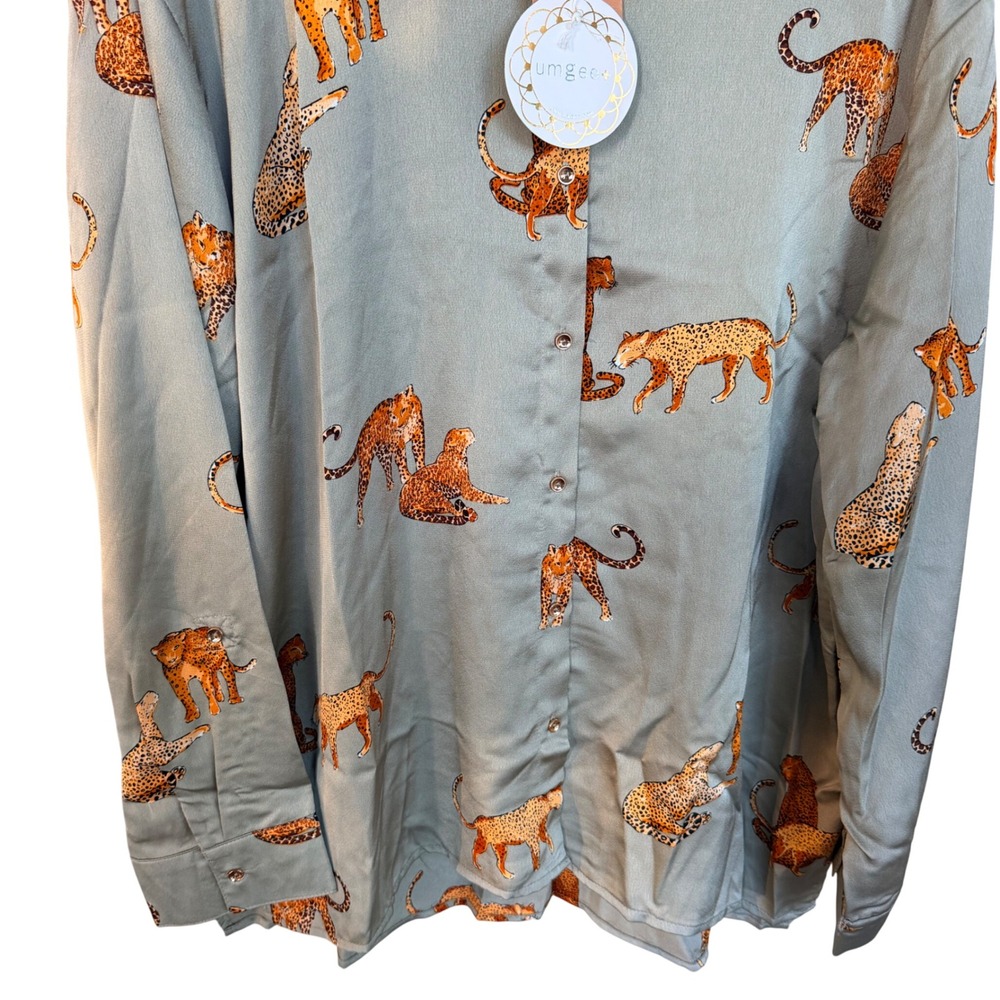 Umgee Plus Leopard Print Shirt Sage Green Satin Blouse 1XL Eclectic Safari Chic - Picture 7 of 11